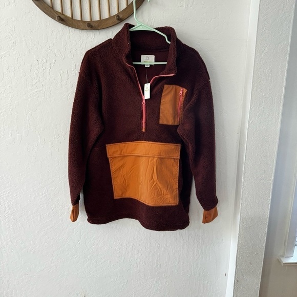 Aerie Offline Burgundy Orange Pink Pullover Sherpa Quarter Zip Pockets M - Picture 3 of 7